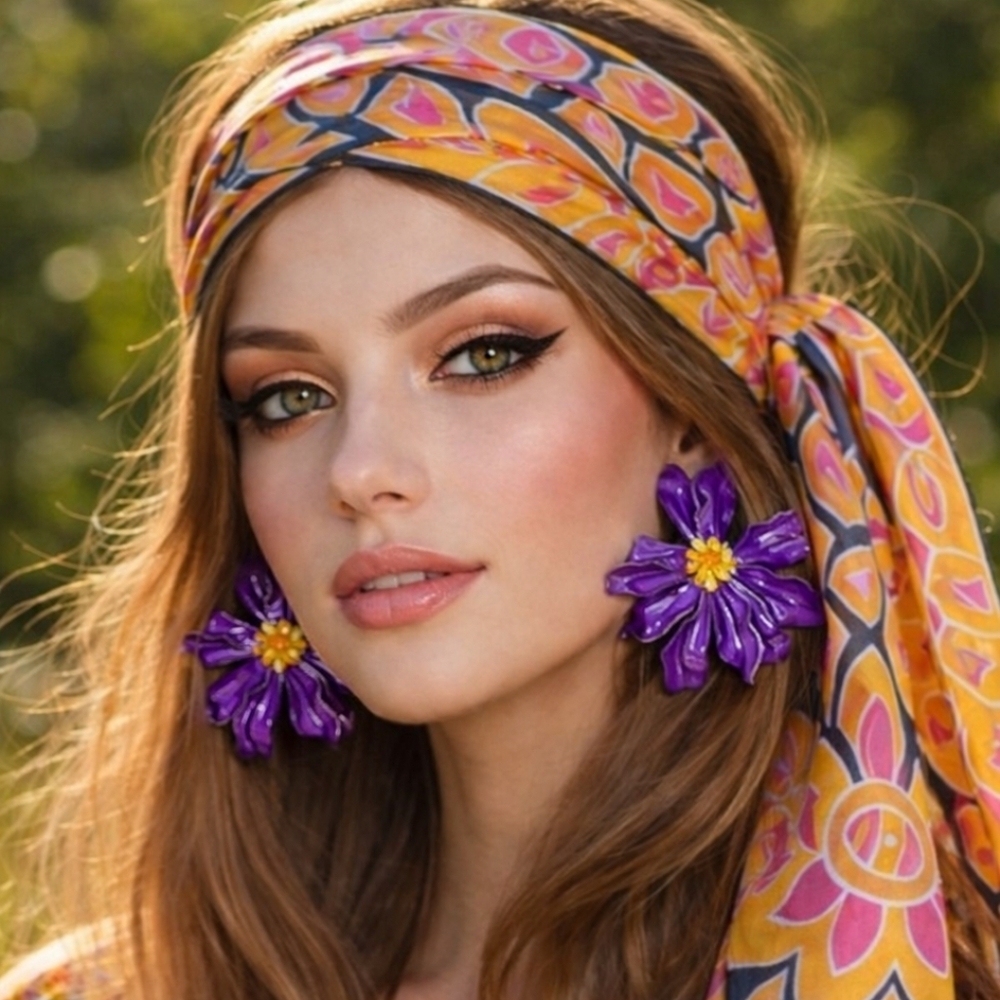 EARLY 80s PSYCHEDELIC PURPLE FLOWER STATEMENT EARRINGS